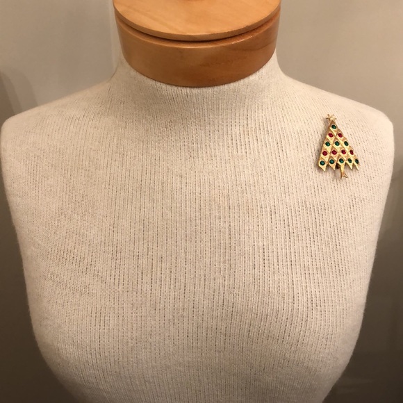 Vtg. LIA Red Green Rhinestone Christmas Tree Pin - Picture 8 of 12